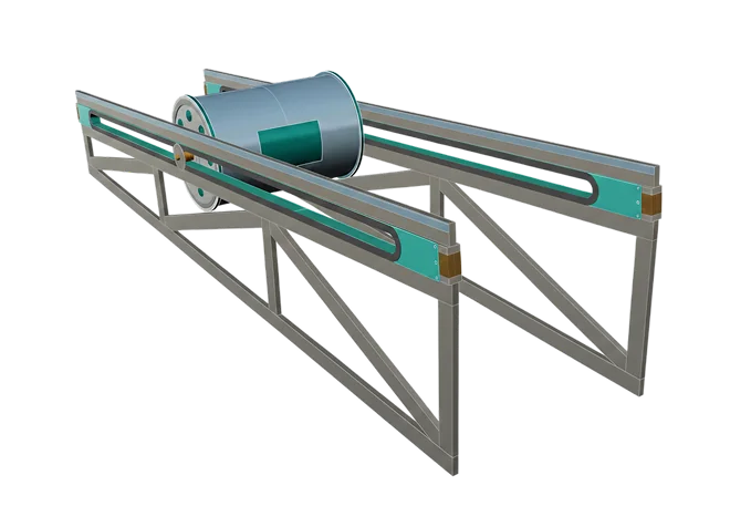 Render of the SwellGen desalination module: a capsule riding a fixed twin rail